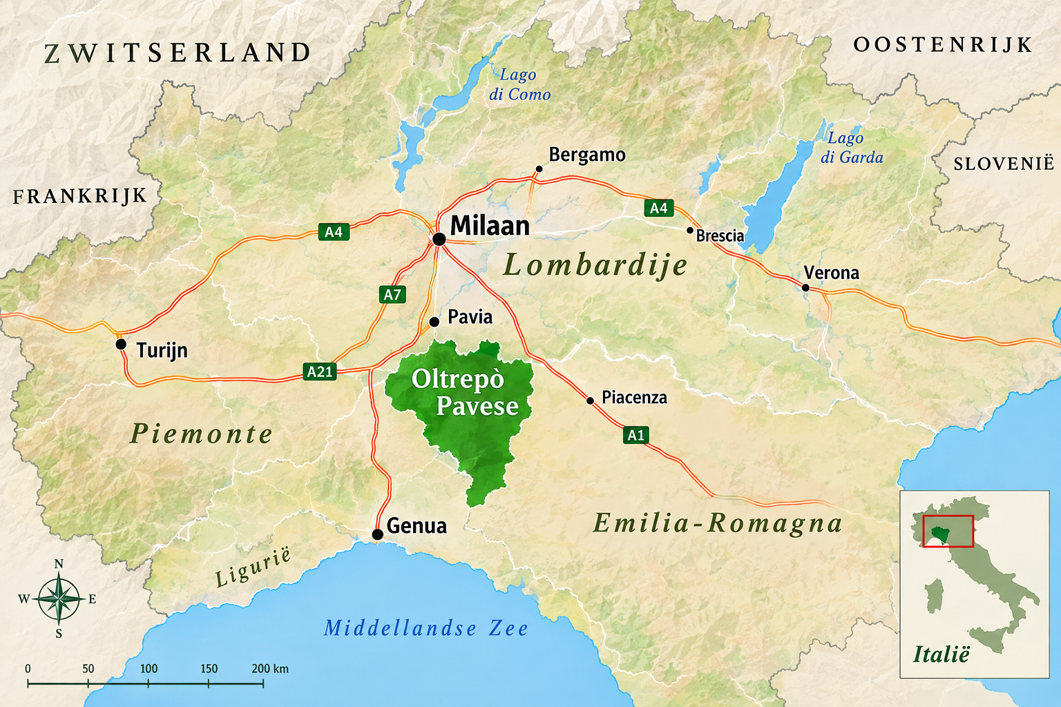 De ligging van de Oltrepò in Noord-Italië